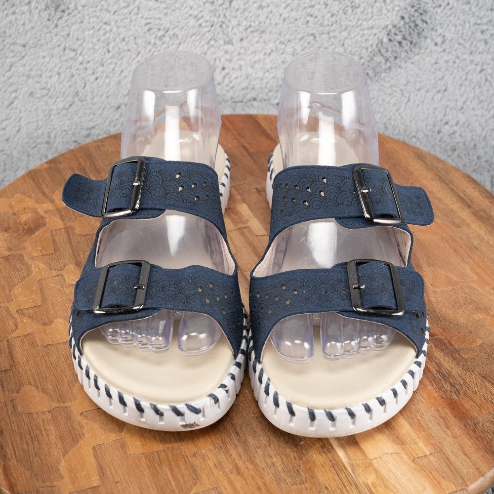 Ilse Jacobsen Hornbæk Tulip Indigo Blue Double Buckle Slide Sandals Womens 8.5 - Picture 2 of 5